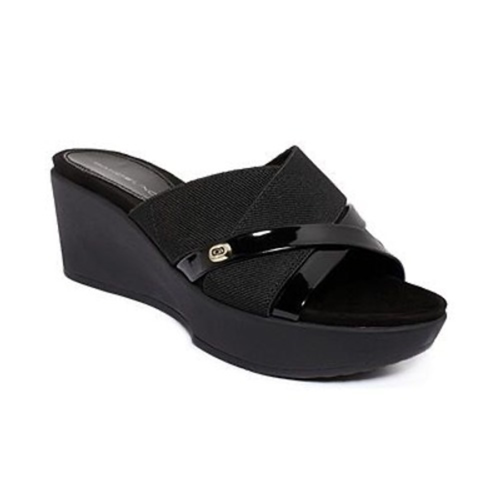 Bandolino Donovan Womens Black Wedge Sandals Elastic Patent Platform Mules 8.5